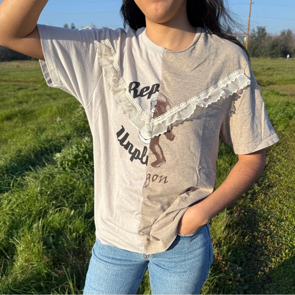 Beige Two-Way Split Graphic Tee with Lace Detail